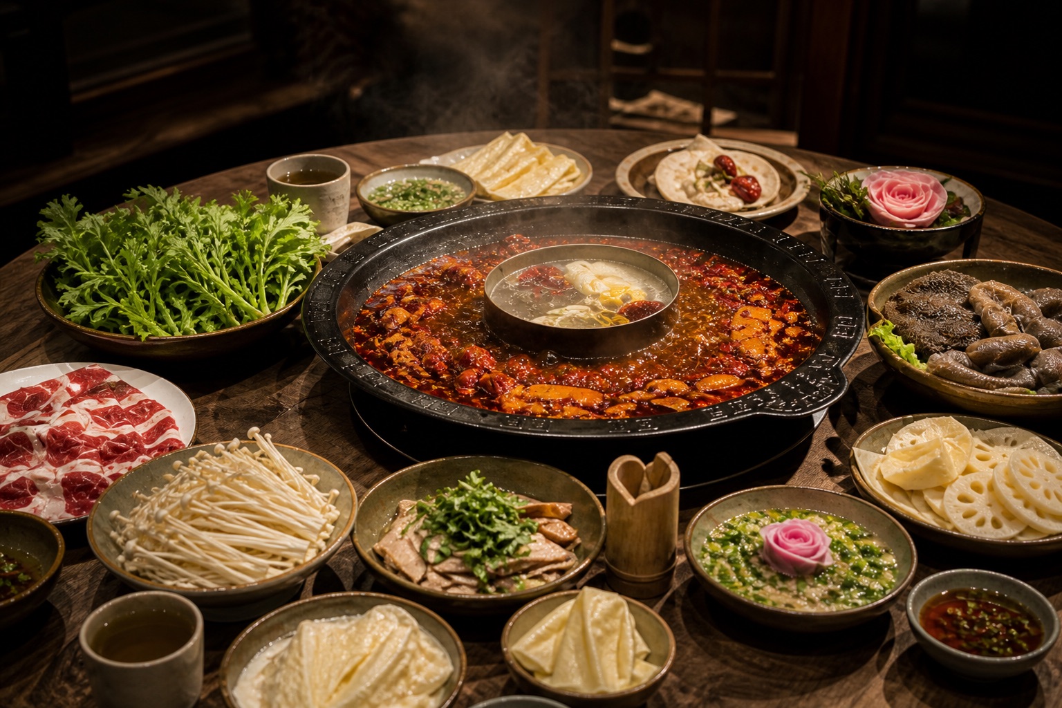 A steaming Sichuan hotpot surrounded by beautifully arranged ingredients, with no people in view
