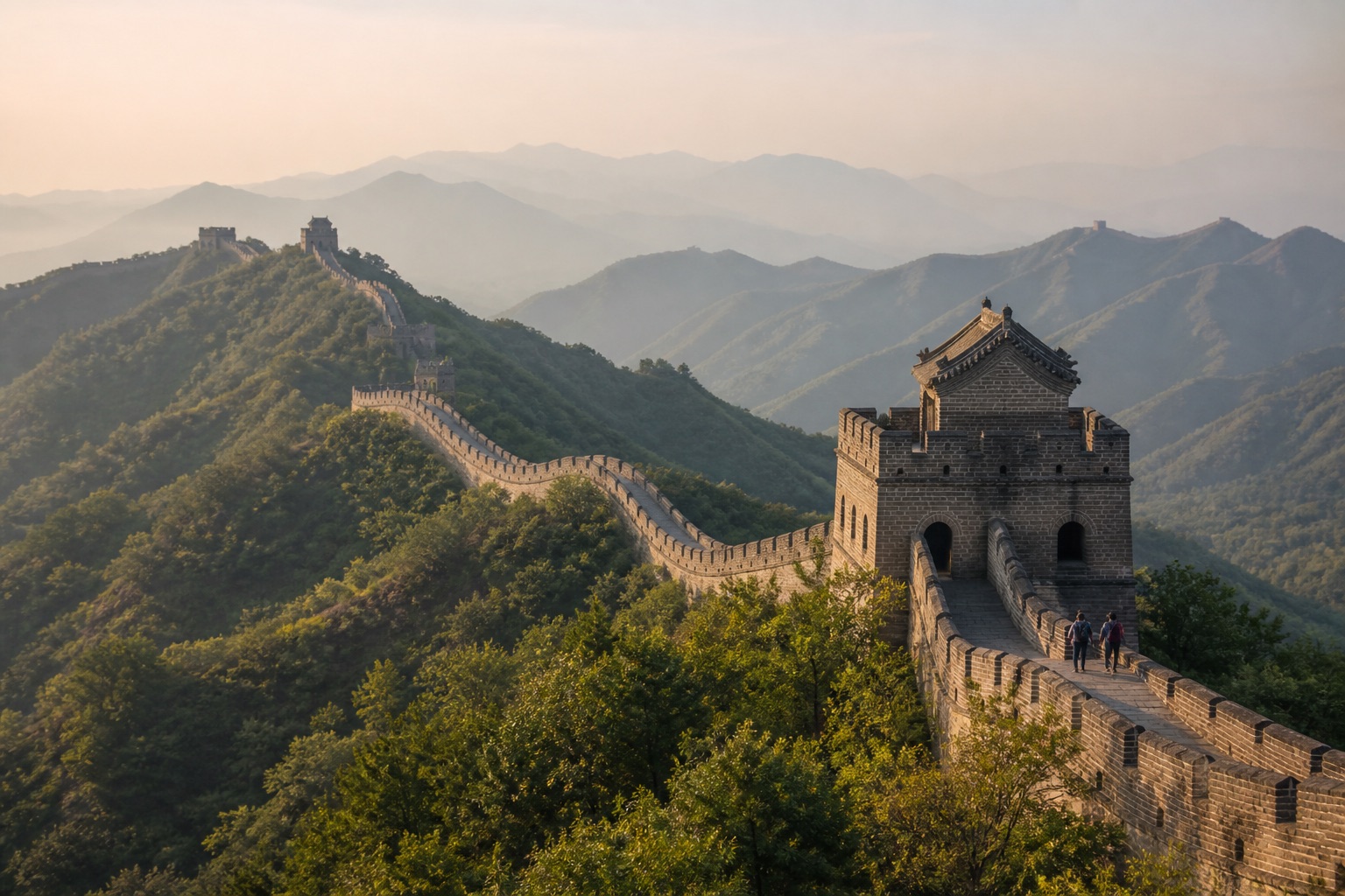 The Great Wall winding across green mountains near Beijing in cinematic morning light