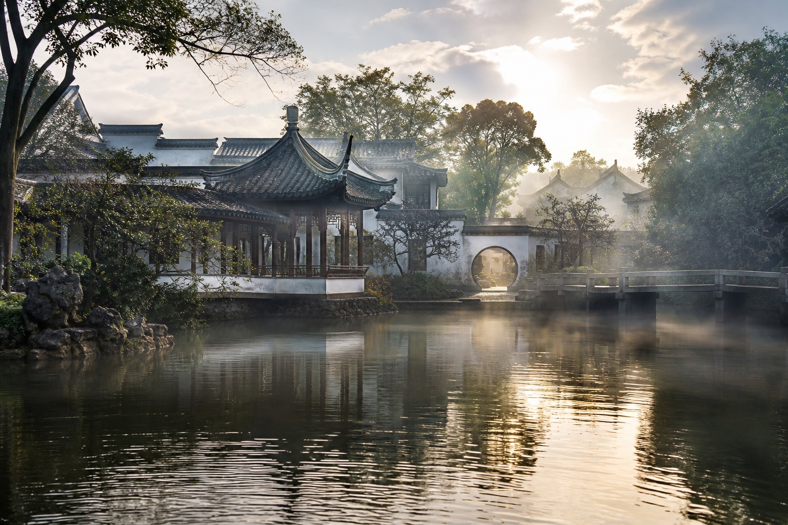 A cinematic wide view through a moon gate into a classical Suzhou garden after rain