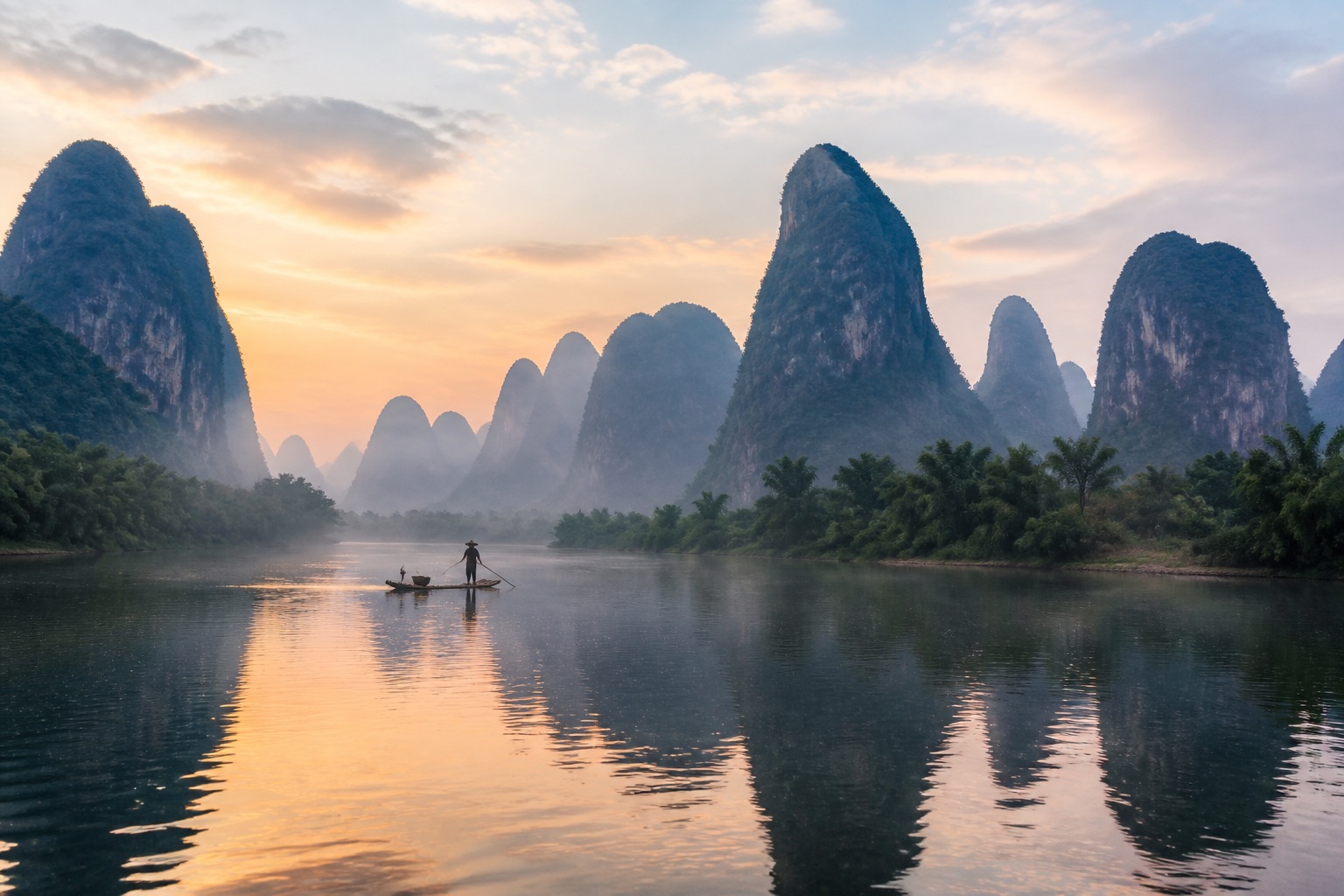 A bamboo raft on the Li River beneath the karst peaks of Yangshuo at sunrise